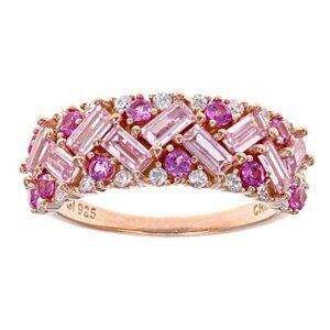 NEW Sapphire, Pink, + White CZ 18K Rose Gold on 925 Sterling Silver Size 7 Ring